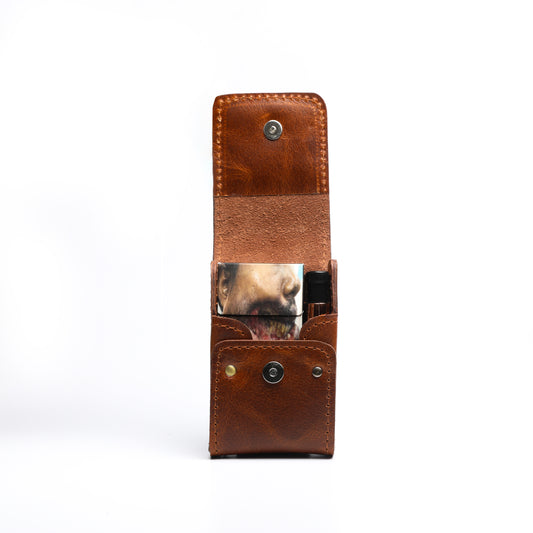 sobo classic - Leather Cigarette Case With Lighter Pocket Caramel Brown
