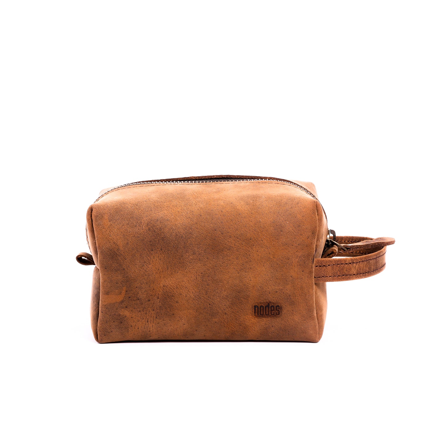 a brown leather toiletry pouch with one big compartment with zipper for travel needs , travel pouch, vanity pouch, leather bag, Genuine leather bag, toiletry pouch.